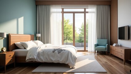 Fototapeta premium Cozy bedroom featuring a luxurious, centered bed draped in a white comforter adorned with elegant brown florals. Complemented by crisp white pillows, and accented by a soft white rug, creating an invi