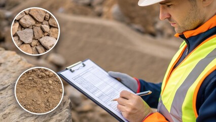 A closeup shot of a field technician wearing safety gear carefully taking notes with a clipboard while observing the geological features of the land highlighting attention to