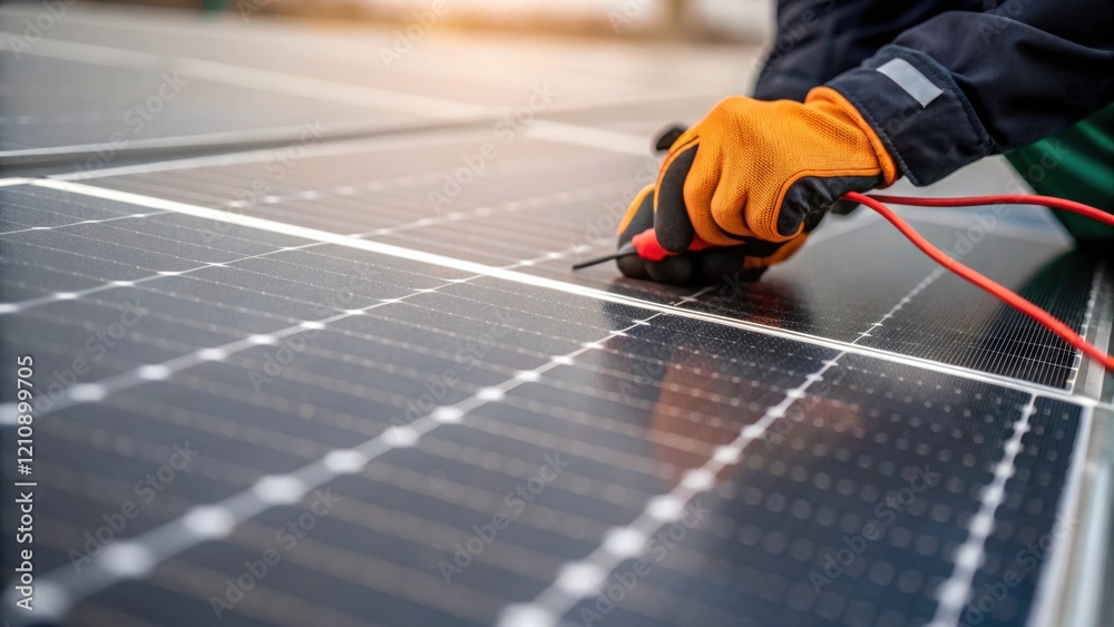 Poster A closeup shot of a solar panels textured surface with a workers gloved hand preparing to connect electrical wires illustrating the intricate details of the setup and the focus on
