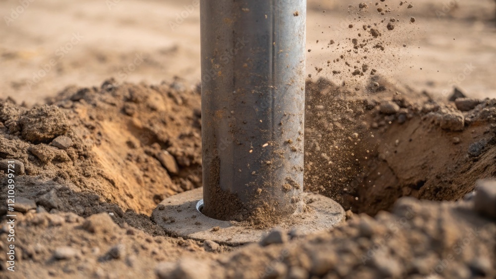 Poster a closeup shot of a steel pile partially driven into the earth showcasing the rough texture of the p