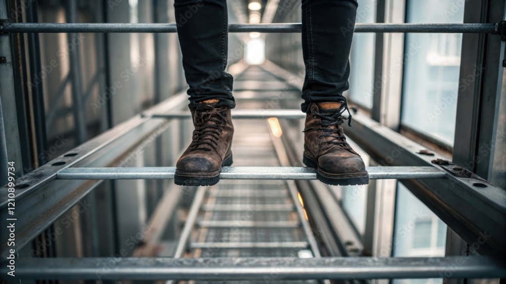 Poster A closeup shot of a workers boots standing on a metal scaffold with a blurred background of the elevator shafts interior symbolizing the heights involved in highrise installations.