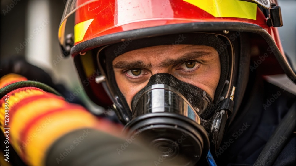 Poster A closeup shot of a workers face showing determination and concentration while wearing a full mask as he practices with a fire hose the vivid colors of the equipment contrasting