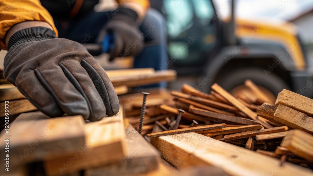 Poster a closeup shot of a workers gloved hands sorting through a pile of discarded wood planks and nails s