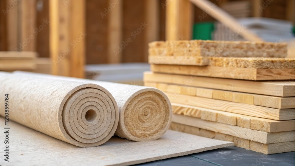 Poster a closeup shot of ecofriendly materials like recycled wood and insulation being prepared for use emp