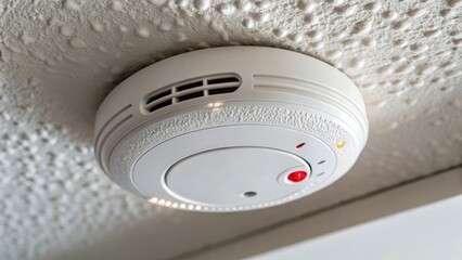 A closeup shot of a smoke detector installed on a ceiling emphasizing the small circular device with blinking LED lights and a protective cover essential for early fire detection.
