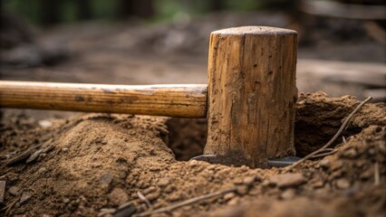 A closeup shot of a wooden pile partially embedded in the earth with splintering wood fibers visible where the pile has begun to submit to the pounding force of the hammer.