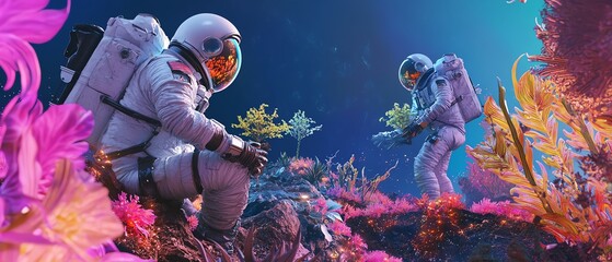 Worms-eye perspective of astronauts planting trees on an alien planet