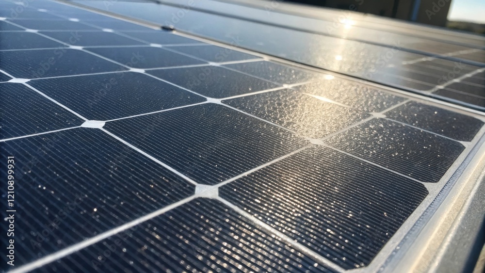 Poster a closeup shot of the textured surface of a solar panel with sunlight reflecting off its photovoltai