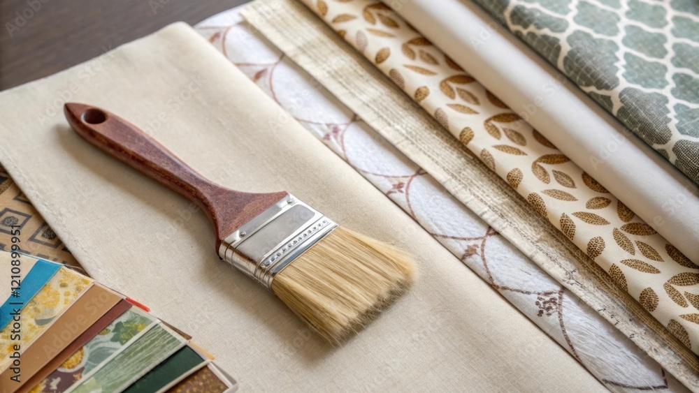 Poster a closeup showcasing a paintstained brush resting on a drop cloth surrounded by wallpaper samples il