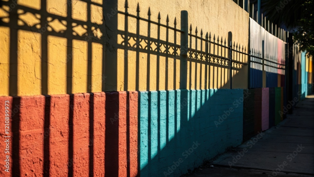 Poster a closeup view captures a silhouette of the fence casting shadows over a colorful wall piece highlig