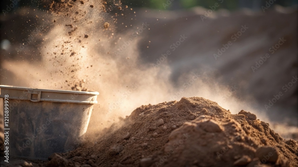 Aufkleber a closeup shot of the soil being dumped from the bucket into a pile nearby with small clouds of dust