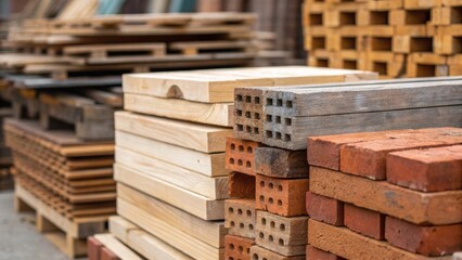 A closeup shot of leftover construction materials such as reclaimed wood and bricks being carefully stacked and prepared for reuse emphasizing sustainable practices and