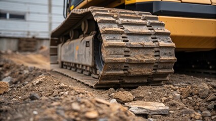 Obraz premium A closeup shot of the treads of an autonomous bulldozer deeply embedded in earth and stone emphasizing the rugged texture and durability of its design while construction debris