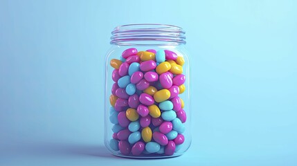 A vibrant display of colorful jellybeans spilling out of a jar.