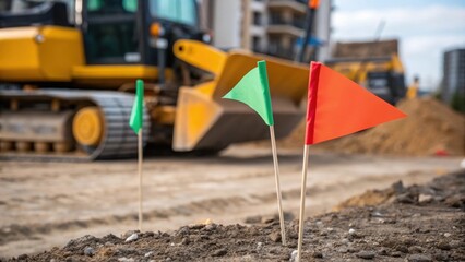 A closeup shot of vibration monitoring flags planted in the ground around a construction zone contrasting with the nearby heavy machinery signifying precautionary measures in place