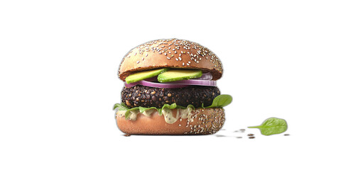 Delicious Vegetarian Black Bean Burger with Avocado, Spinach, Red Onion, and Multigrain Bun - Perfect Food Photography on Isolated White Background