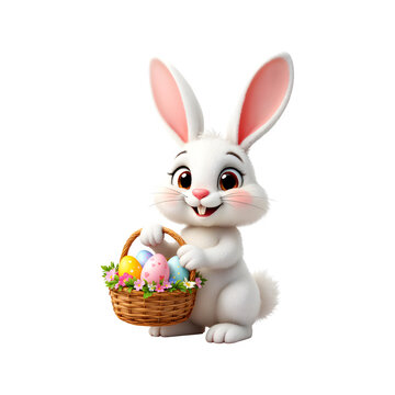 Easter bunny with basket of colored eggs isolated on transparent background. Easter rabit png