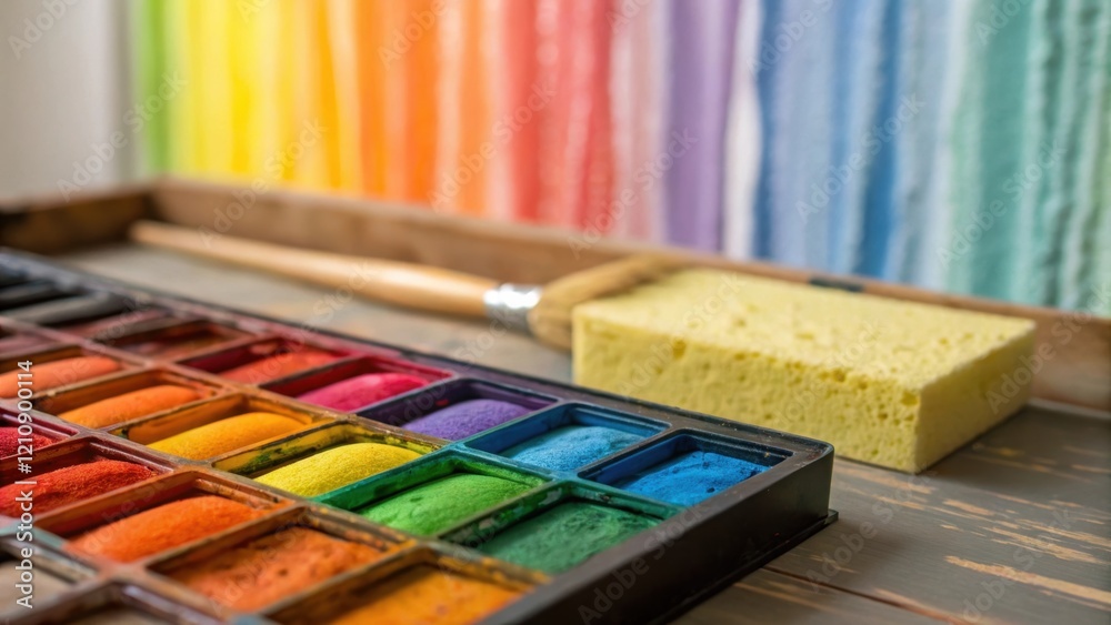 Aufkleber A closeup view of a painters palette filled with a spectrum of colors lively mixes and a halfused sponge. An outoffocus brushstroke on the wall hints at the transition from design