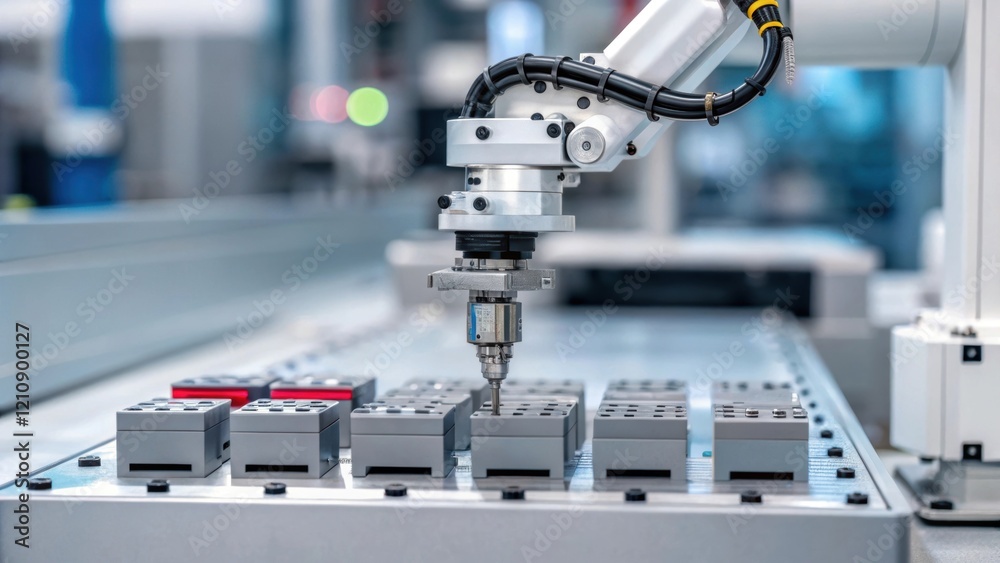 Poster A closeup view of a robotic arm engaged in assembling modular construction components with sensors and AI technology visibly integrated emphasizing innovation in construction