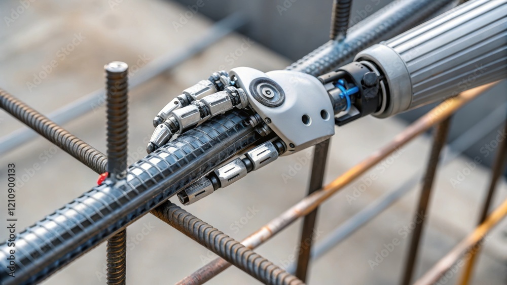 Aufkleber A closeup view of a robotic hand gripping a steel rod showcasing intricate mechanics and sensors ready to position the rod for reinforcement in a concrete structure.
