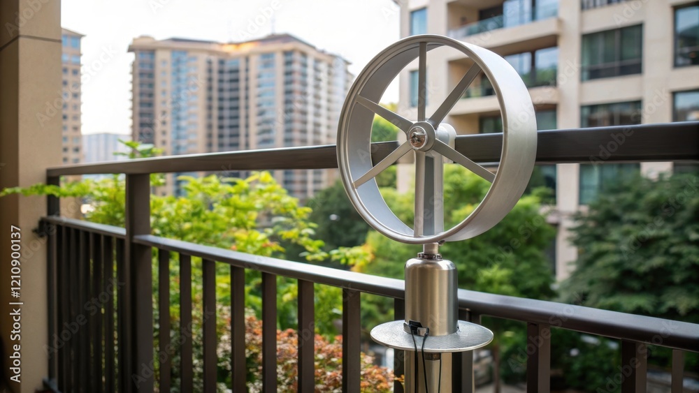 Poster A closeup view of a verticalaxis wind turbine attached to the balcony railing of an apartment complex its metallic structure gleaming against the backdrop of urban greenery