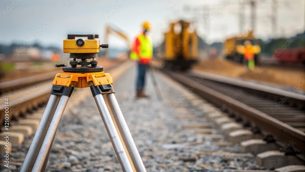 Poster A closeup view of a surveying tool on the ground measuring the alignment of the rail bed with blurred images of construction machinery and workers in the background.
