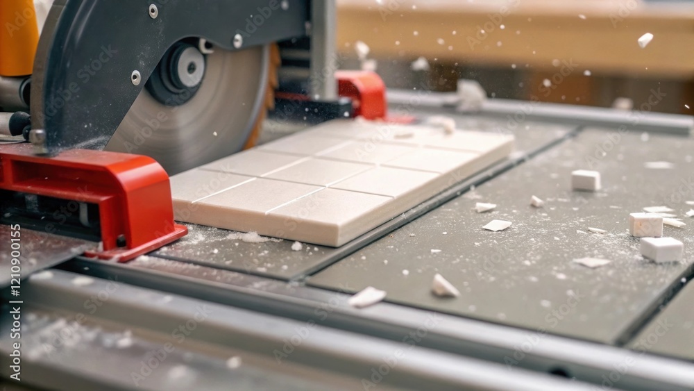 Poster A closeup view of a tile ter in action with the sharp blade slicing through a ceramic tile fragments of the tile tering around the workspace illustrating the precision required for