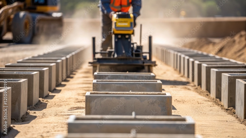Aufkleber A closeup view of concrete forms being filled with cement for the foundation of a highspeed rail embankment with a worker using a y plate compactor.