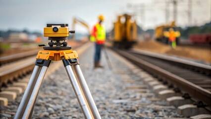 A closeup view of a surveying tool on the ground measuring the alignment of the rail bed with blurred images of construction machinery and workers in the background.