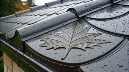 A closeup view of a roof designed after the shape of a leaf showcasing its elegant curves and serrated edges channeling rainwater through a natural drainage system that mirrors how