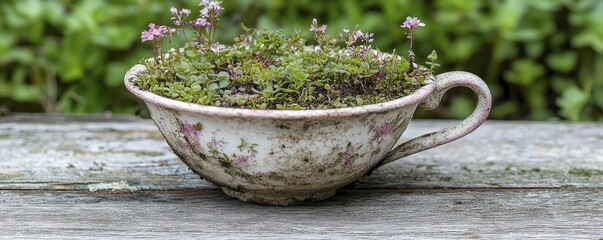 A charming glimpse of a tiny garden nestled within a cracked teacup.