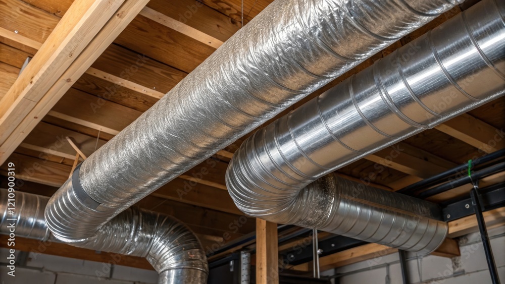 Poster A closeup view of the ductwork connecting a geothermal heat pumps indoor unit with insulation materials and seamless joints forming an efficient network for air distribution.