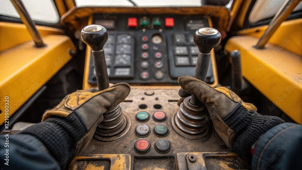 Aufkleber A closeup view of the excavators cab controls showcasing the intricate dials and levers worn from use with the operators gloved hands expertly navigating the machinery.
