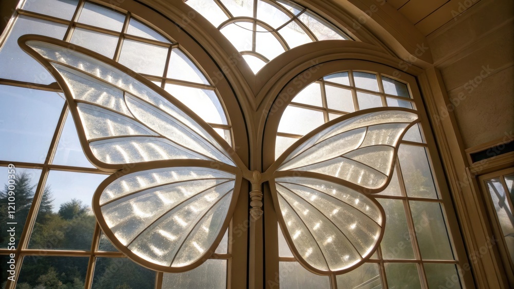Aufkleber A closeup view of windows shaped like butterfly wings incorporating translucent materials that reflect and refract light enhancing the natural illumination of interior spaces while