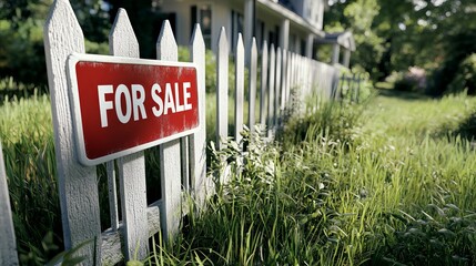 Close-up of a white picket fence with a red 'For Sale' sign, lush green grass, and a charming house in the background.