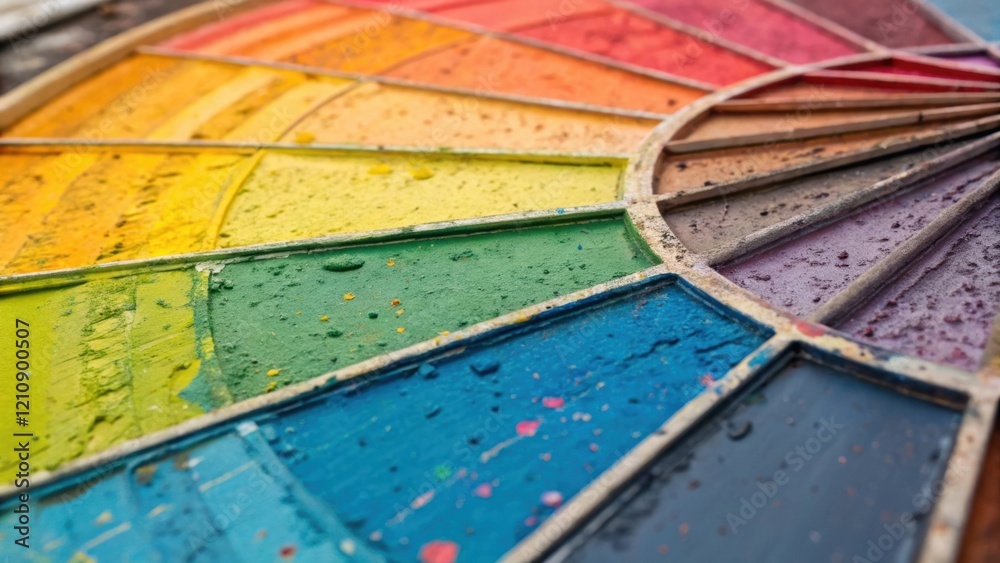 Poster A detailed closeup of a painters palette a spectrum of colors mixed together with splatters of paint overlapping highlighting the creative process and intention behind the choice