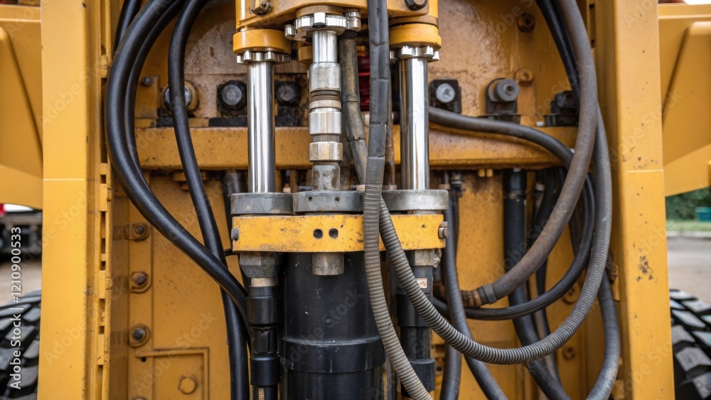 Poster A detailed closeup of the hydraulic mechanism within the pile driver showing the intricate components and hoses that manage the force required to drive the piles deep into the