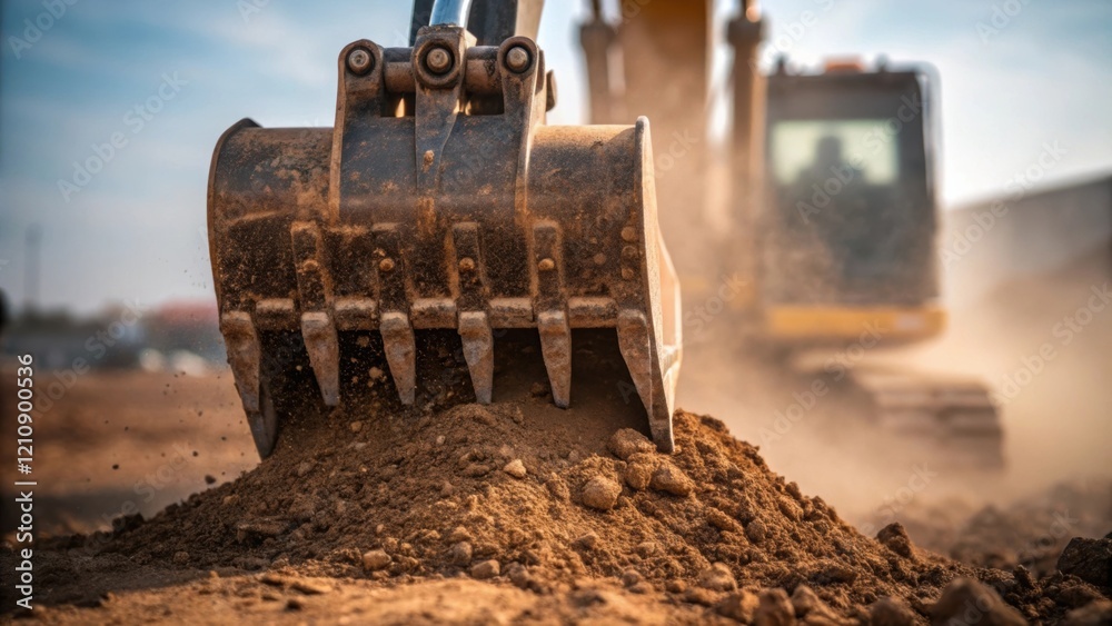 Poster a detailed closeup of the excavators bucket as it lowers into the ground showcasing the sharp teeth 