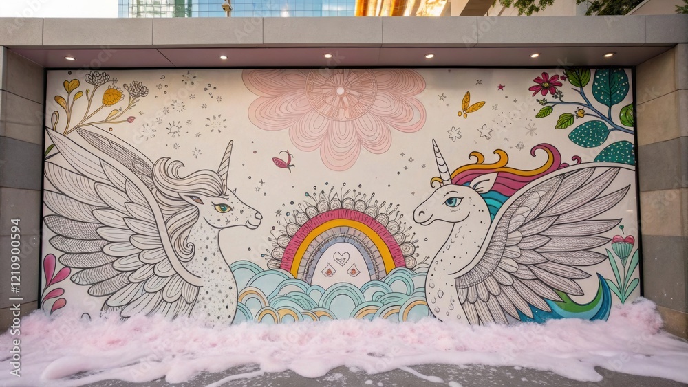 Poster a detailed shot captures a delicate mural of whimsical creatures featuring intricate line work and v