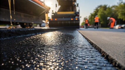A detailed closeup of heated asphalt being poured from a truck into a waiting paver the glossy black surface reflecting the sunlight as it cascades out.