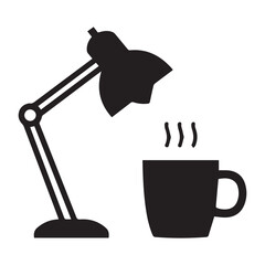 Simple black and white icon depicting a table lamp and a hot coffee cup.