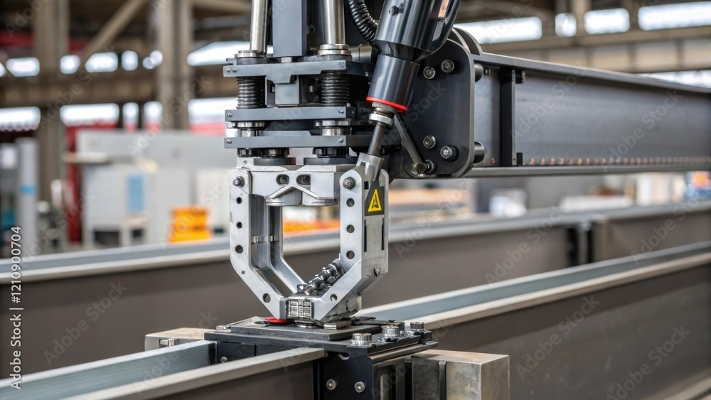 Poster A detailed view of a robots gripper mechanism as it securely holds a large steel beam showcasing the engineering behind its design that enables it to handle heavy materials with