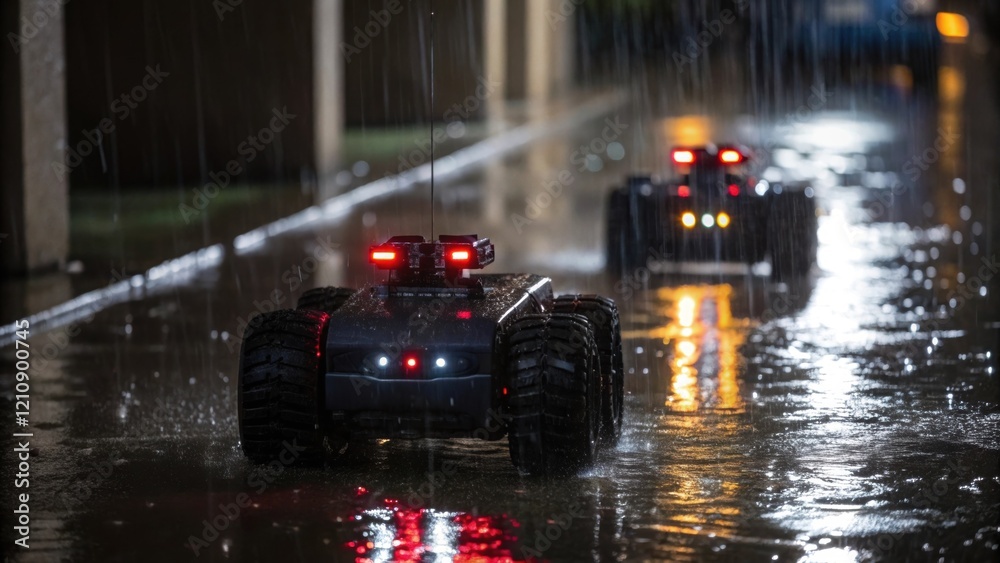 Aufkleber A dramatic closeup of the climbing robots LED navigation lights shining brightly casting reflections on a rainsoaked surface as it ascends a vertical column. The wet environment