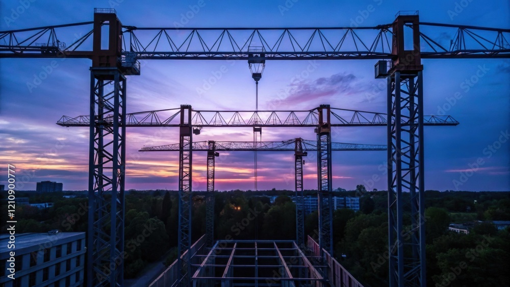 Poster a drone perspective revealing cranes lifting heavy steel frames against a twilight sky emphasizing t