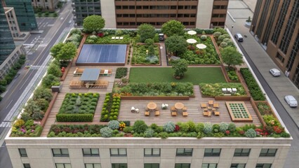 A detailed view of the rooftop garden on the architectural model showcasing various plants seating arrangements and amenities that promote sustainability and communal space in a