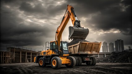 Obraz premium A dramatic angle showing the backhoe in action with the bucket poised above the dump truck emphasizing the contrast between the machinery and the surrounding construction site.