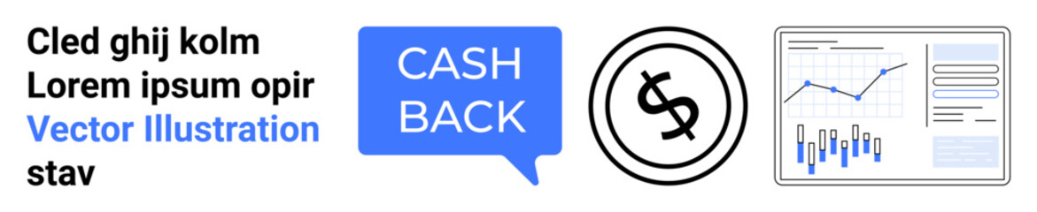Speech bubble with CASH BACK text, dollar coin symbol, and graphical chart depicting financial growth. Ideal for finance, budgeting, cashback offers, financial analytics, business performance, sales