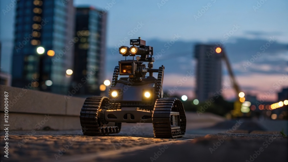Poster a medium closeup capturing a climbing robot at dusk illuminated by its integrated lights as it perfo