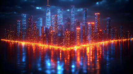 Obraz premium Vibrant City Nightscape with Glowing Skyscrapers Reflected in Water