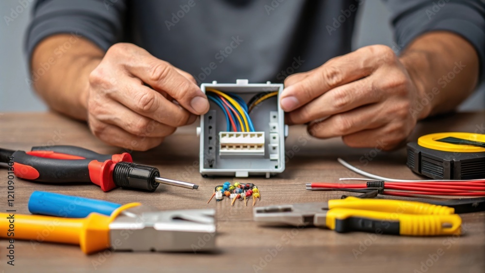 Poster a medium closeup featuring the hands of an electrician fastening wires into a junction box with vari